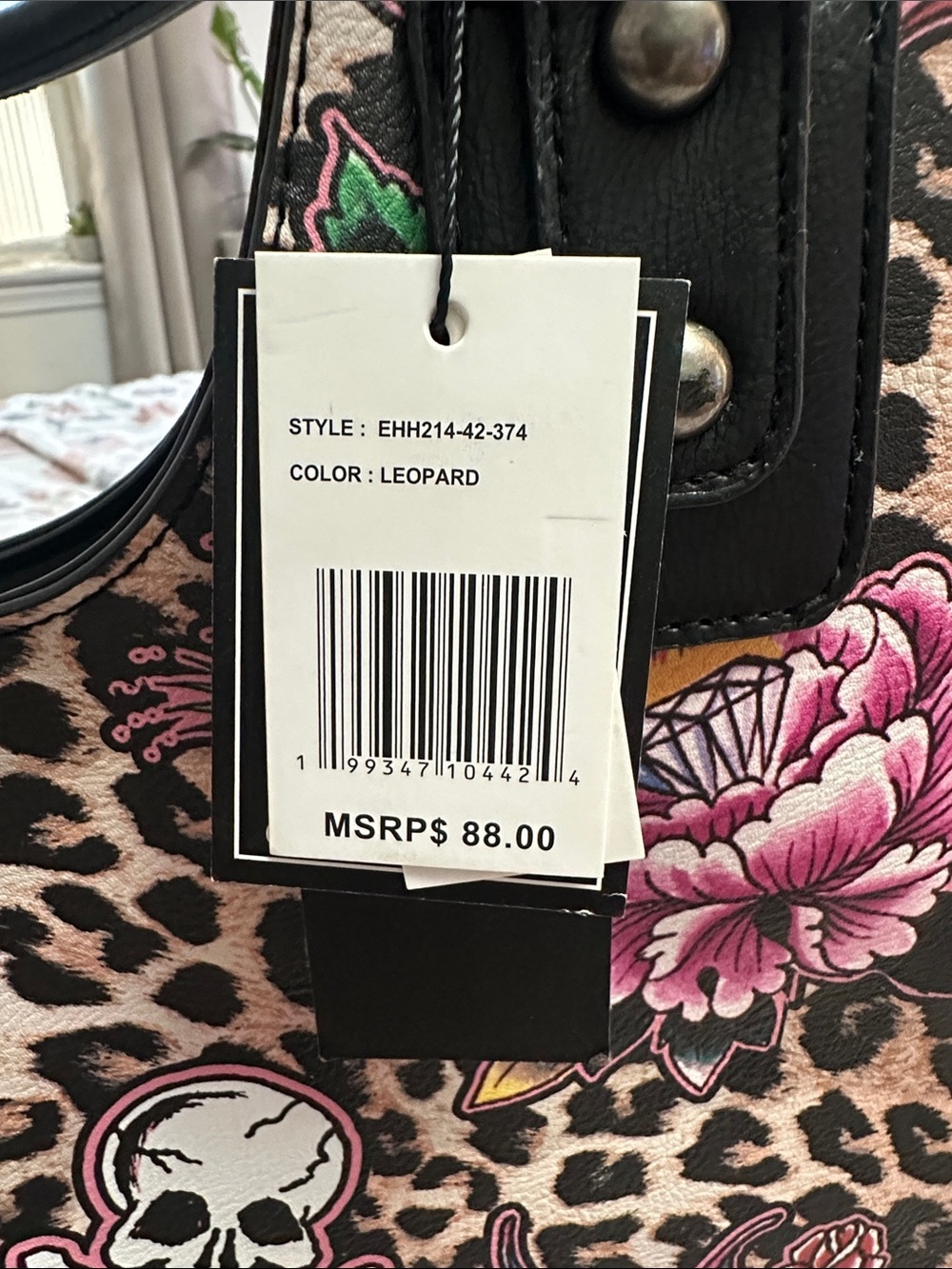 Ed Hardy Pink Leopard Floral Skull Tote with Black Handles - Picture 9 of 10